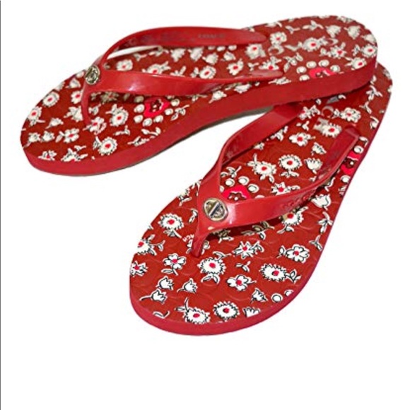Coach Shoes - COACH red floral flip flops size 6